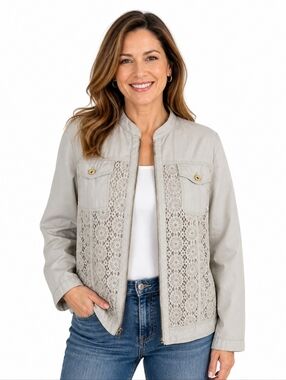 Chicos Lightweight Jacket Size 2 L 12 Beige Crochet Lace Chest Pockets Full Zip